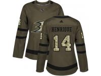 #14 Adidas Authentic Adam Henrique Women's Green NHL Jersey - Anaheim Ducks Salute to Service