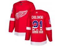 #21 Adidas Authentic Dennis Cholowski Men's Red NHL Jersey - Detroit Red Wings USA Flag Fashion