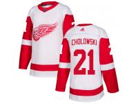 #21 Adidas Authentic Dennis Cholowski Men's White NHL Jersey - Away Detroit Red Wings
