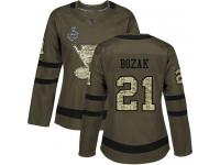 #21 Authentic Tyler Bozak Green Hockey Women's Jersey St. Louis Blues Salute to Service 2019 Stanley Cup Final Bound