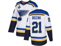 #21 Tyler Bozak White Hockey Away Men's Jersey St. Louis Blues 2019 Stanley Cup Final Bound