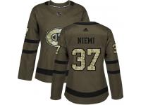 #37 Adidas Authentic Antti Niemi Women's Green NHL Jersey - Montreal Canadiens Salute to Service