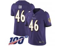 #46 Limited Morgan Cox Purple Football Home Men's Jersey Baltimore Ravens Vapor Untouchable 100th Season
