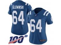 #64 Limited Mark Glowinski Royal Blue Football Home Women's Jersey Indianapolis Colts Vapor Untouchable 100th Season