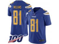 #81 Limited Mike Williams Electric Blue Football Men's Jersey Los Angeles Chargers Rush Vapor Untouchable 100th Season
