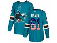 Men Adidas San Jose Sharks #61 Justin Braun Teal Green USA Flag Fashion NHL Jersey