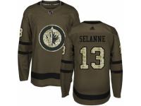 Men Adidas Winnipeg Jets #13 Teemu Selanne Green Salute to Service NHL Jersey