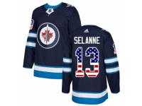 Men Adidas Winnipeg Jets #13 Teemu Selanne Navy Blue USA Flag Fashion NHL Jersey
