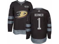 Men's Adidas Anaheim Ducks #1 Jonathan Bernier Premier Black 1917-2017 100th Anniversary NHL Jersey