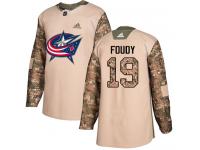 Men's Adidas Columbus Blue Jackets #19 Liam Foudy Camo Authentic Veterans Day Practice NHL Jersey