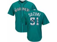 Men's Majestic Seattle Mariners #51 Ichiro Suzuki Teal Green Team Logo Fashion Cool Base MLB Jersey