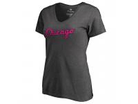 Women 2017 Mother's Day Chicago White Sox Pink Wordmark V-Neck Slim Fit Heather Gray T-Shirt
