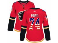 Women Adidas Calgary Flames #74 Daniel Pribyl Red USA Flag Fashion NHL Jersey