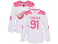 Women Adidas Detroit Red Wings #91 Sergei Fedorov White/Pink Fashion NHL Jersey