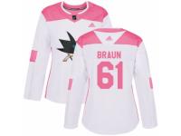 Women Adidas San Jose Sharks #61 Justin Braun White/Pink Fashion NHL Jersey