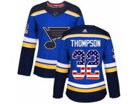 Women Adidas St. Louis Blues #32 Tage Thompson Blue USA Flag Fashion NHL Jersey