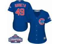 Women Majestic Chicago Cubs #49 Jake Arrieta Authentic Royal Blue Alternate 2016 World Series Champions Cool Base MLB Jersey