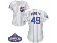 Women Majestic Chicago Cubs #49 Jake Arrieta Authentic White Home 2016 World Series Champions Cool Base MLB Jersey