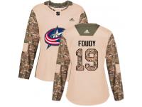 Women's Adidas Columbus Blue Jackets #19 Liam Foudy Camo Authentic Veterans Day Practice NHL Jersey