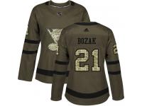 Women's Adidas St. Louis Blues #21 Tyler Bozak Green Authentic Salute to Service NHL Jersey