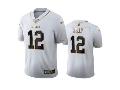 Men Jim Kelly Bills White 100th Season Golden Edition Jersey