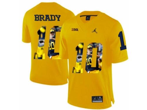 Men Michigan Wolverines #10 Tom Brady Yellow With Portrait Print College Football Jersey