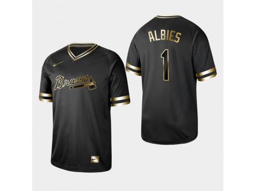 Men's Braves 2019 Black Golden Edition Ozzie Albies V-Neck Stitched Jersey