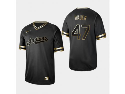 Men's Indians 2019 Black Golden Edition Trevor Bauer V-Neck Stitched Jersey